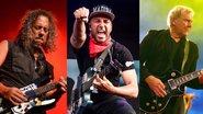 Kirk Hammett (Foto: Getty Images / Michael Kovac / Correspondente) / Tom Morello durante o Sonic Temple Art and Music Festival em 2019 (Foto: Amy Harris / Invision / AP)/ Alex Lifeson (Foto: Getty Images)