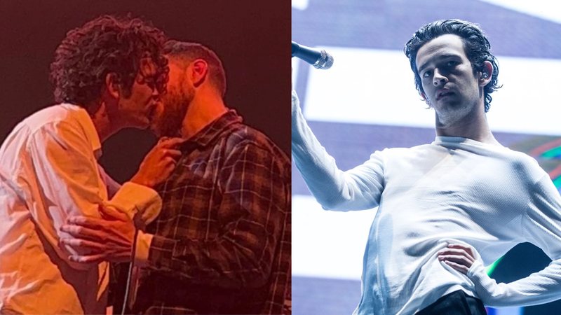 Matt Healy beija fã no palco (Foto: reprodução / Twitter /Santiago Bluguermann / Getty Images)