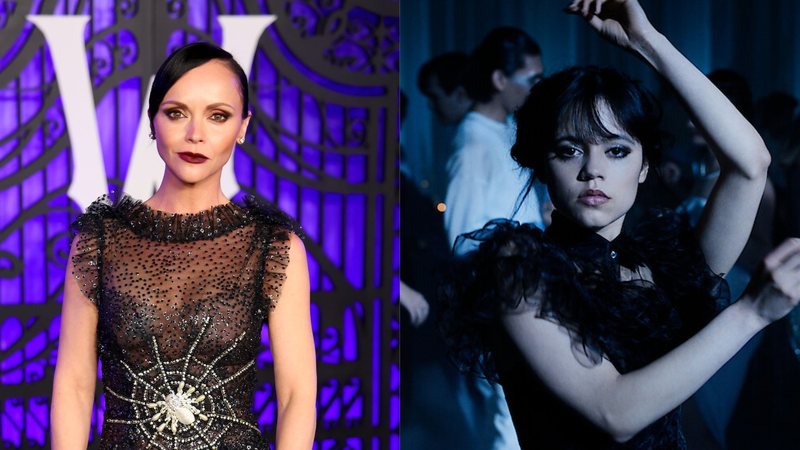 Christina Ricci (Foto: Leon Bennett/Getty Images) e Jenna Ortega como Wandinha (Foto: Reprodução/Netflix)