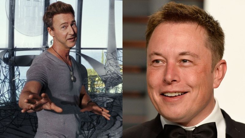 Edward Norton em Glass Onion: Um Mistério Knives Out (Foto: Divulgação/Netflix) e Elon Musk (Foto:  Pascal Le Segretain/Getty Images)