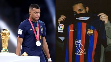 Mbappé (Foto: Getty Images), Drake com camisa do Barcelona (Foto: Reprodução)