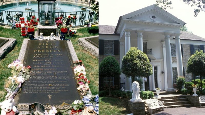 Lisa Marie Presley será enterrada ao lado do filho de do pai em Graceland - Túmulo de Elvis Presley em Graceland (Foto: Leon Morris/Redferns) / Frente da mansão Graceland no Tenessee, Estados Unidos (Foto: MANDEL NGAN/AFP via Getty Images)