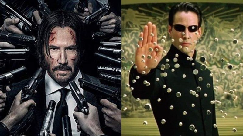 Keanu Reeves em John Wick 3: Parabellum (foto: Reprodução/Lionsgate) e Matrix Reloaded (Foto: Reprodução/Warner)