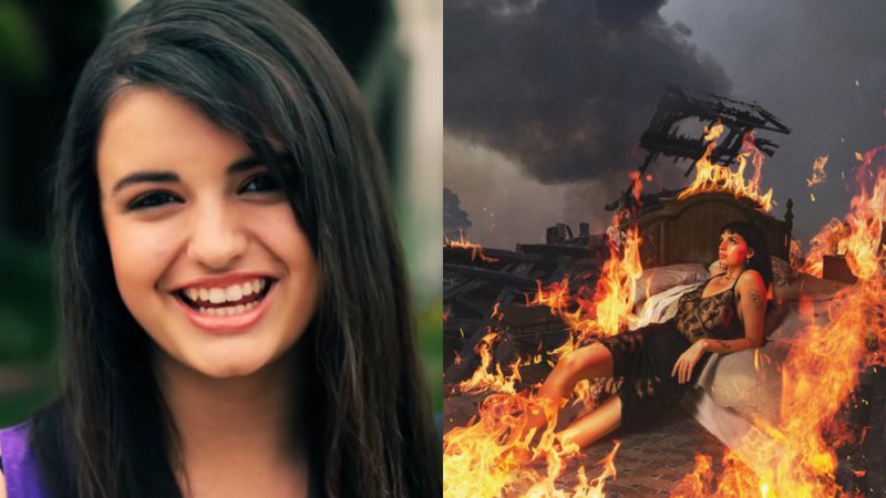 Rebecca Black no clipe de "Friday" (Foto: Divulgação) e na capa do disco (Foto: Divulgação/ Instagram/ @msrebeccablack)