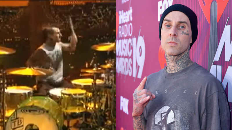 Travis Barker se apresentou em 2003 com uma das mãos enfaixadas (Foto: reprodução/YouTube) Travis Marker durante o  iHeartRadio Music Awards em 2019 (Foto: Jeff Kravitz/2019 iHeartMedia)