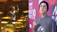 Travis Barker se apresentou em 2003 com uma das mãos enfaixadas (Foto: reprodução/YouTube) Travis Marker durante o  iHeartRadio Music Awards em 2019 (Foto: Jeff Kravitz/2019 iHeartMedia)