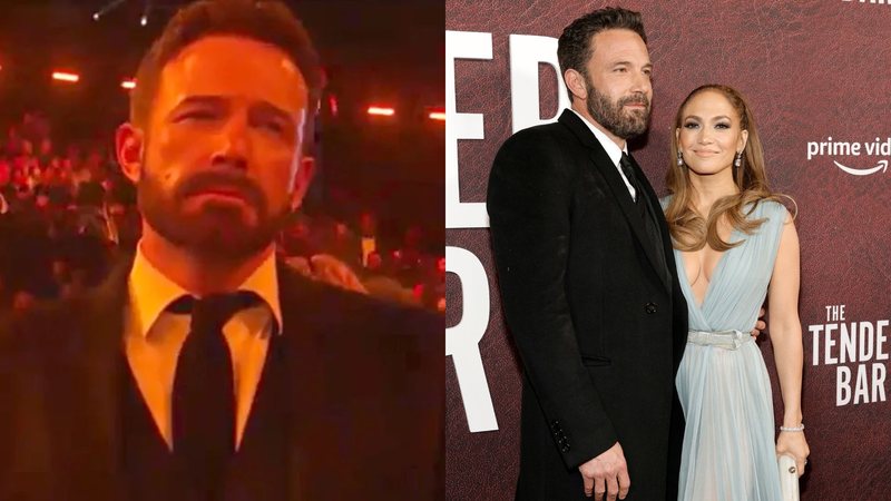 Ben Affleck no Grammy 2023 (Foto: Reprodução) e ator com Jennifer Lopez (Foto: Amy Sussman/Getty Images)