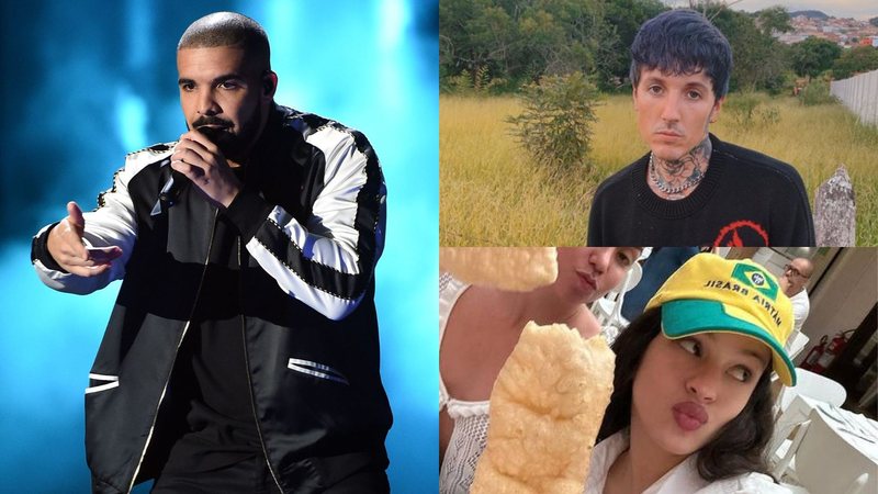 Drake (Foto: Kevin Winter/Getty Images) e Rosalía (Foto: Reprodução/Instagram) e Oliver Skyes no Brasil (Foto: Reprodução/Instagram)