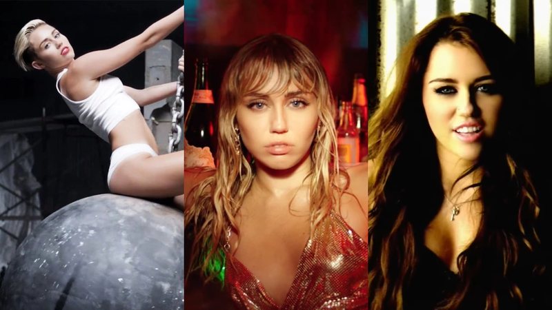 Miley Cyrus nos clipes de "Wrecking Ball", "Slide Away" e "Party in the U.S.A." (Foto: Divulgação)