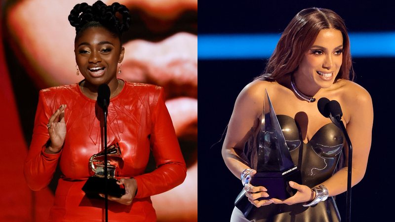 Samara Joy no Grammy (Foto: Getty Images) e Anitta no AMAs (Foto: Getty Images)