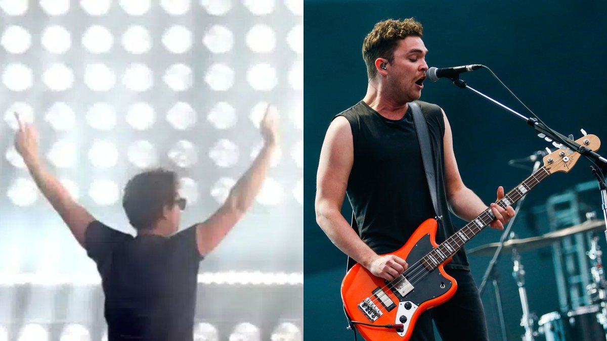 Mike Kerr mostrando o dedo do meio (Foto: Reprodução), Royal Blood no Lollapalooza Brasil (Foto: Getty Images)