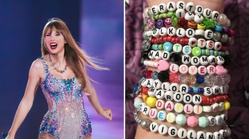 Taylor Swift (Foto: Getty Images) e pulseiras da amizade feitas por 'swifters' (Foto: Reprodução / Twitter @meLLfiore)