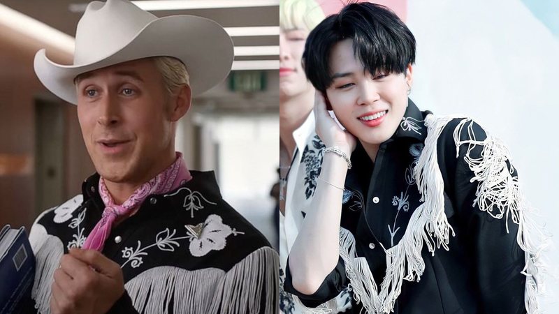 Ryan Gosling em 'Barbie' e Jimin no videoclipe de 'Permission to Dance', do BTS (Reprodução)