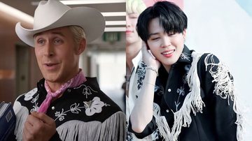 Ryan Gosling em 'Barbie' e Jimin no videoclipe de 'Permission to Dance', do BTS (Reprodução)