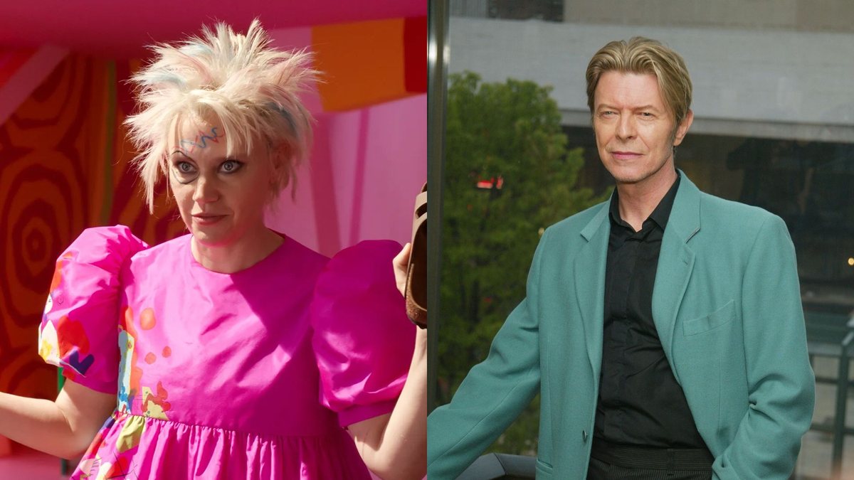 Kate McKinnon interpretou Barbie Estranha em Barbie (Foto: Reprodução/Warner Bros. Discovery) e David Bowie (Foto: Evan Agostini/Getty Images)