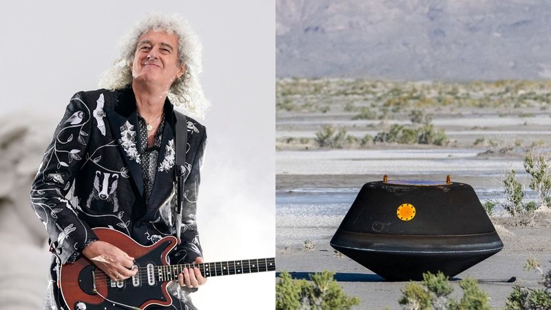 Brian May (Foto: Alberto Pezzali - WPA Pool/Getty Images) e espaçonave com amostra de asteroide (Foto: Reprodução/Instagram)