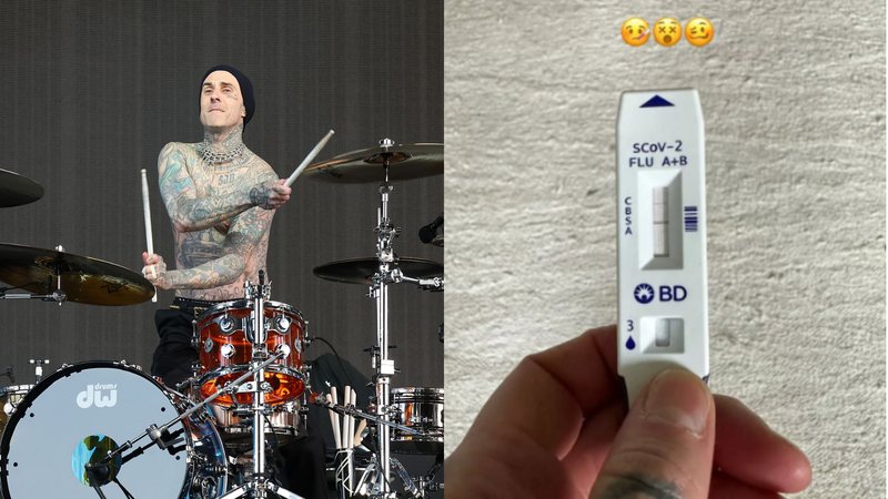 Travis Barker (Foto: Monica Schipper/Getty Images) e teste de Covid-19 (Foto: Reprodução/Instagram)