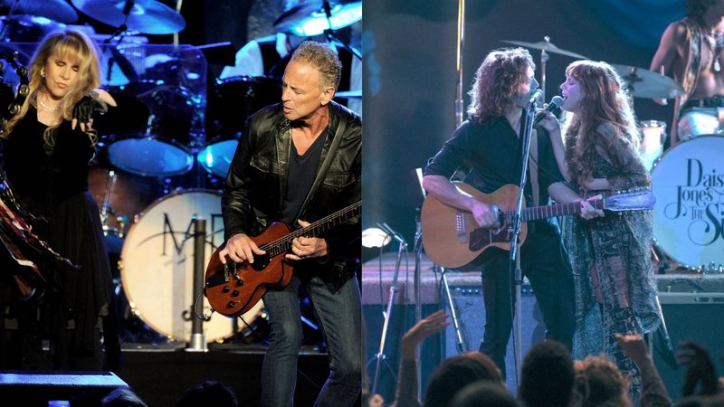 Stevie Nicks e Lindsey Buckingham, do Fleetwood Mac (Foto: Kevin Winter/Getty Images) | Riley Keough e Sam Claflin em 'Daisy Jones & The Six (Foto: Reprodução)'