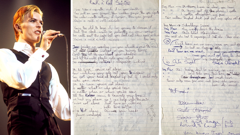 Manuscritos de David Bowie vão a leilão no Reino Unido (Getty Images/Omega Auctions/Reprodução Virgin Radio UK)