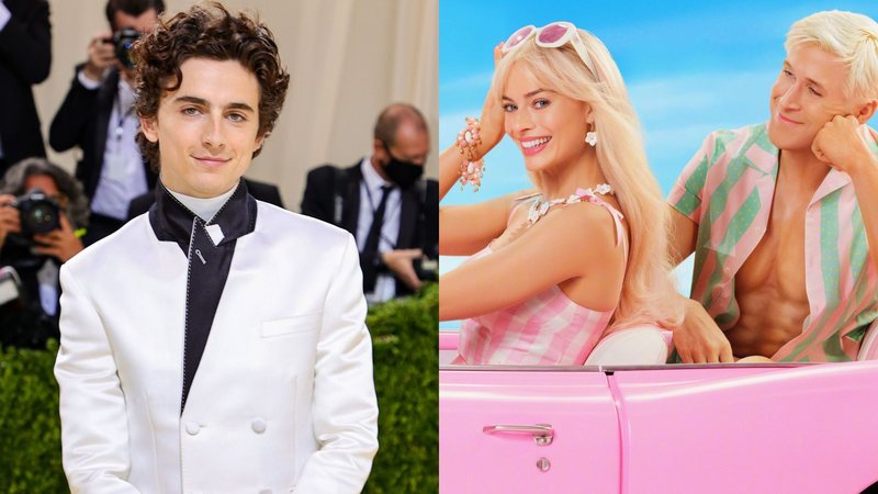 Timothée Chalamet (Foto: Theo Wargo/Getty Images) e pôster de Barbie com Margot Robbie e Ryan Gosling (Foto: Divulgação)