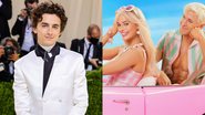 Timothée Chalamet (Foto: Theo Wargo/Getty Images) e pôster de Barbie com Margot Robbie e Ryan Gosling (Foto: Divulgação)