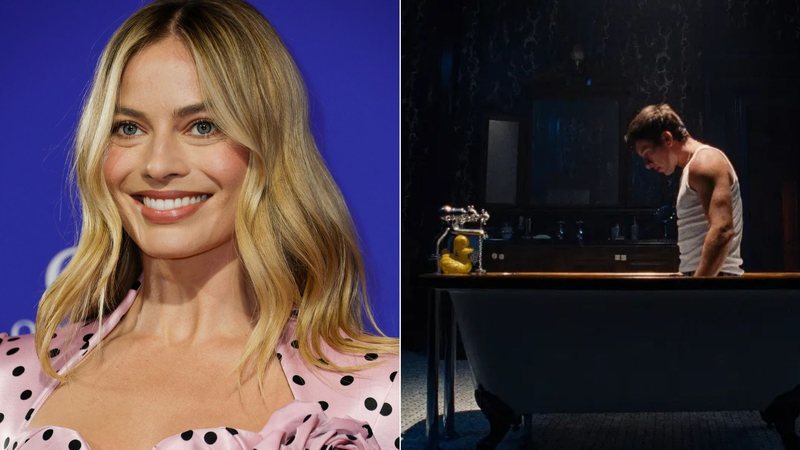 Margot Robbie, produtora de Saltburn, não se chocou com cena da banheira (Fotos: Frazer Harrison/Getty Images - Reprodução/Amazon Prime Video)