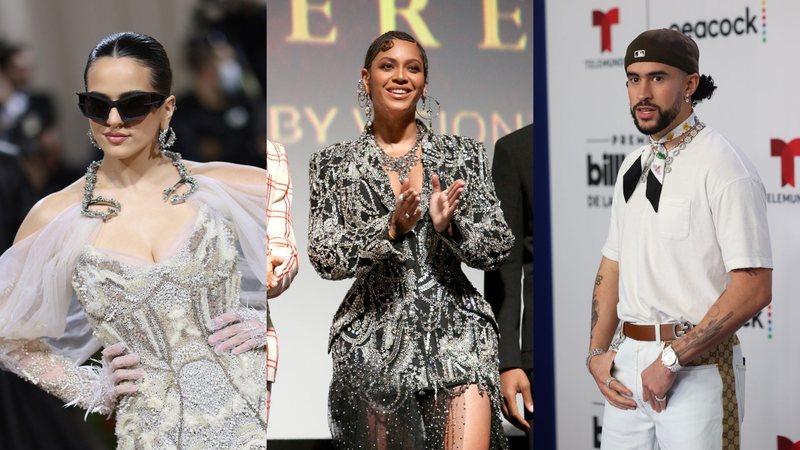 Rosalía (Foto: Dimitrios Kambouris/Getty Images for The Met Museum/Vogue), Beyoncé (Foto: Jesse Grant/Getty Images for Disney) e Bad Bunny (Foto: Rodrigo Varela/Getty Images)