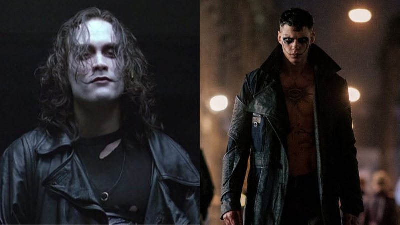 Brandon Lee em cena de O Corvo (Foto: Reprodução) e remake do filme com Bill Skarsgård (Foto: Divulgação/Imagem Filmes)