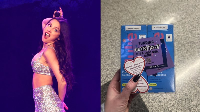 Olivia Rodrigo e kit com contraceptivo distribuído em show (Getty Images/Reprodução Twitter)