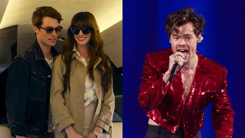 Nicholas Galitzine e Anne Hathaway em Uma Ideia de Você (Foto: Divulgação) e Harry Styles (Foto: Gareth Cattermole/Getty Images)