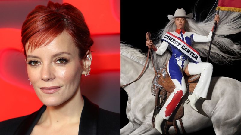 Lily Allen (Foto: Shane Anthony Sinclair/Getty Images) e Beyoncé na capa de Cowboy Carter (Foto: Divulgação)