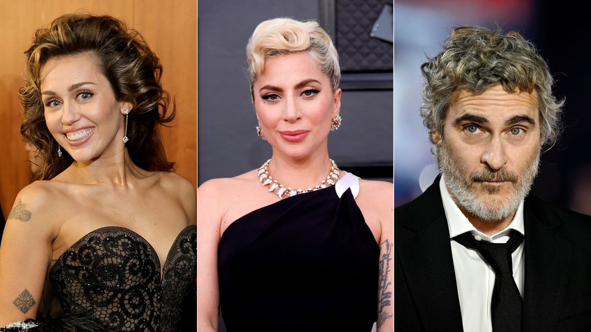 Miley Cyrus (Foto: Neilson Barnard/Getty Images) | Lady Gaga (Foto: Frazer Harrison/Getty Images) | Joaquin Phoenix (Foto: Gareth Cattermole/Getty Images)