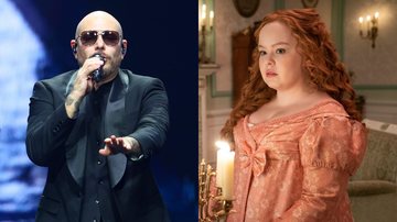 Pitbull (Foto: Adam Bettcher/Getty Images) e Nicola Coughlan como Penelope Featherington em Brigderton (Foto: LIAM DANIEL/NETFLIX)