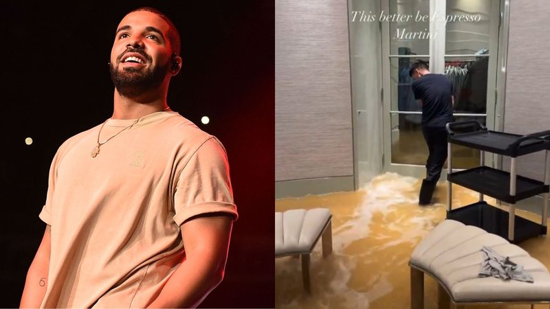 Drake (Foto: Paras Griffin/Getty Images) e mansão do cantor inundada (Foto: Reprodução/Instagram)