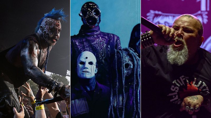 Mudvayne (Foto: Jeff Hahne/Getty Images), Slipknot com Eloy Casagrande na formação (Foto: @jonathan.weiner) e João Gordo em show do Ratos de Porão (Foto: Guillermo Legaria Schweizer/Getty Images)