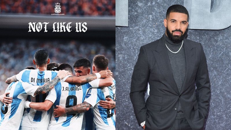 Post da Seleção Argentina de Futebol nas redes sociais (Foto: Reprodução/Twitter) e Drake (Foto: Karwai Tang/WireImage)