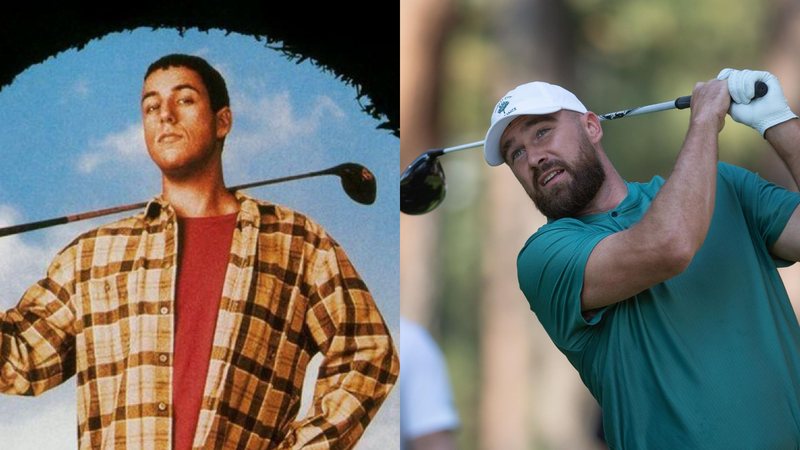 Adam Sandler no pôster de 'Um Maluco no Golfe' (Foto: Reprodução) | Travis Kelce (Foto: David Calvert/Getty Images)