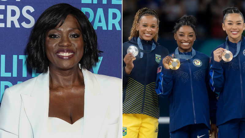 Viola Davis e as ginastas Rebeca Andrade, Simone Biles e Sunisa Lee (Imagem: John Nacion/Getty Images e Tim Clayton/Corbis via Getty Images)