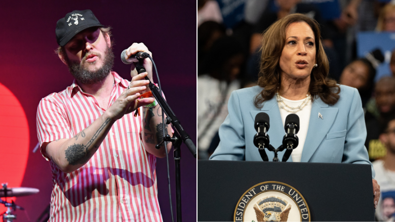 Vocalista do Bon Iver, Justin Vernon, e Kamala Harris (Imagem: Jeff Kravitz/FilmMagic e Megan Varner/Getty Images)