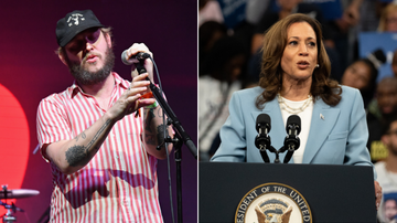 Vocalista do Bon Iver, Justin Vernon, e Kamala Harris (Imagem: Jeff Kravitz/FilmMagic e Megan Varner/Getty Images)