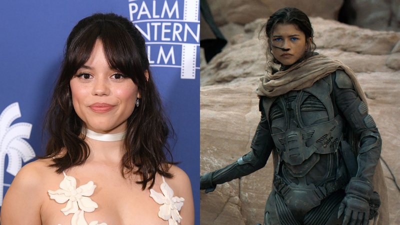 Jenna Ortega (Foto: Michael Tullberg/Getty Images) e Zendaya como Chani em Duna (Foto: Divulgação)