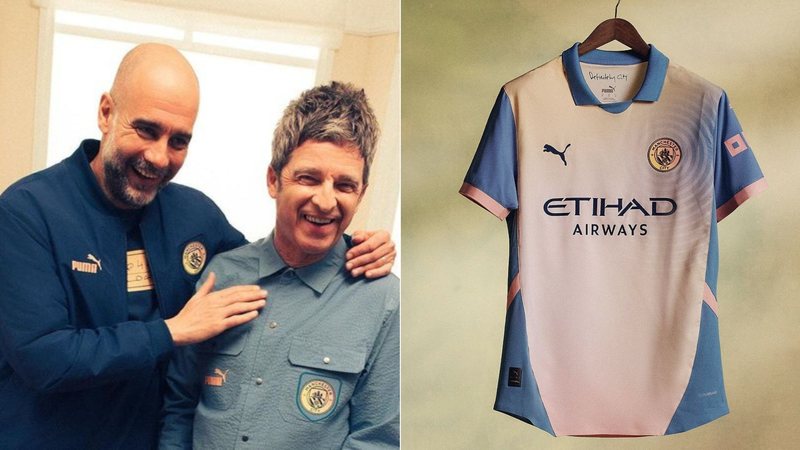 Treinador do Manchester City, Pep Guardiola,Noel Gallagher e camisa inspirada no Oasis (Foto: Reprodução/Instagram/@pumafootball)