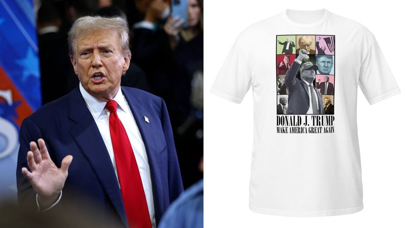 Donald Trump (Foto: Chip Somodevilla/Getty Images) e camiseta que imita estética da Eras Tour (Foto: Divulgação)