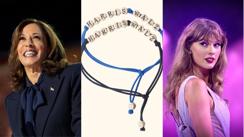 Kamala Harris (Foto: Andrew Harnik/Getty Images) | Pulseira da amizade (Foto: Reprodução) | Taylor Swift (Foto: )