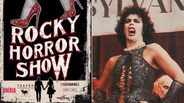 Cartaz de 'Rocky Horror' show e o personagem Dr. Frank N. Furter, interpretado por Tim Curry na adaptação para o cinema (Imagem: Divulgação e Movie Poster Image Art/Getty Images)