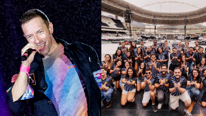 Chris Martin e ritmistas da bateria Vanguarda (Foto: Buda Mendes/Getty Images e Reprodução/Instagram)