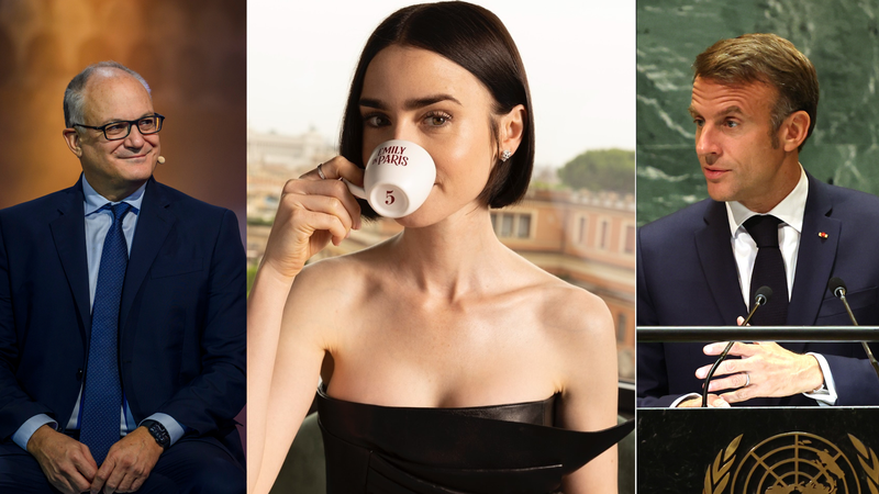 Roberto Gualtieri, Lily Collins e Emmanuel Macron (Imagem: Antonio Masiello/Getty Images; Reprodução/Instagram e Spencer Platt/Getty Images)