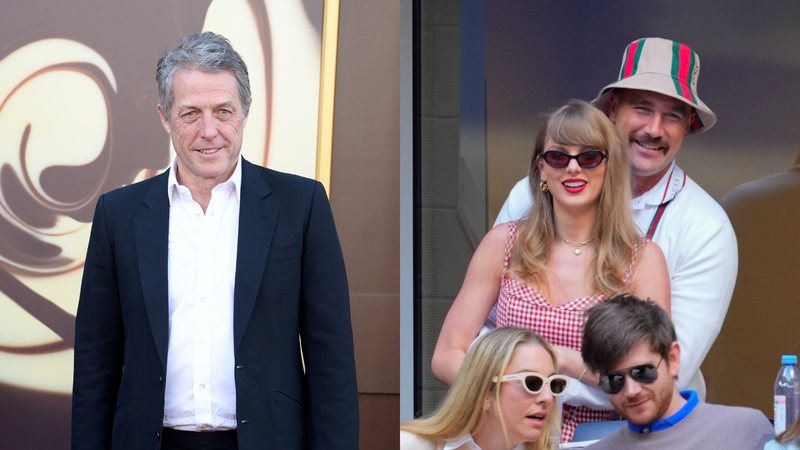 Hugh Grant (Foto: Unique Nicole/FilmMagic) e Taylor Swift com Travis Kelce (Foto: Gotham/GC Images)