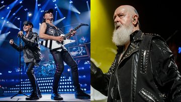 Klaus Meine e Matthias Jabs em show do Scorpions (Foto: Frank Hoensch/Redferns) e Rob Halford, vocalista do Judas Priest (Foto: Harmony Gerber/Getty Images)