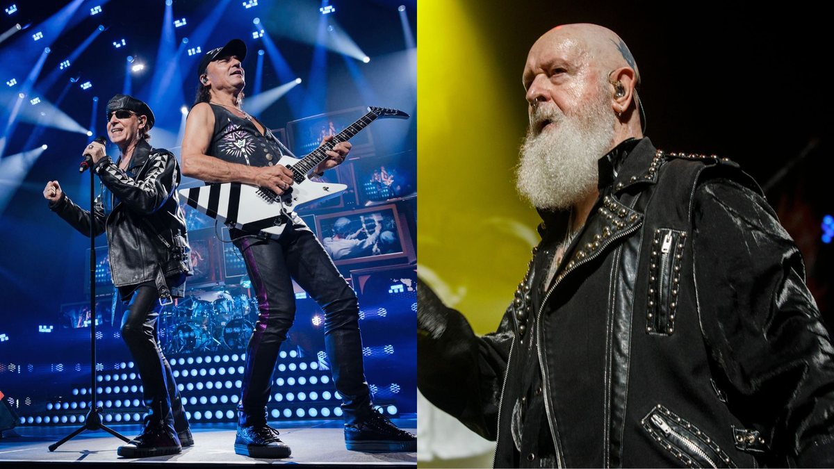 Klaus Meine e Matthias Jabs em show do Scorpions (Foto: Frank Hoensch/Redferns) e Rob Halford, vocalista do Judas Priest (Foto: Harmony Gerber/Getty Images)